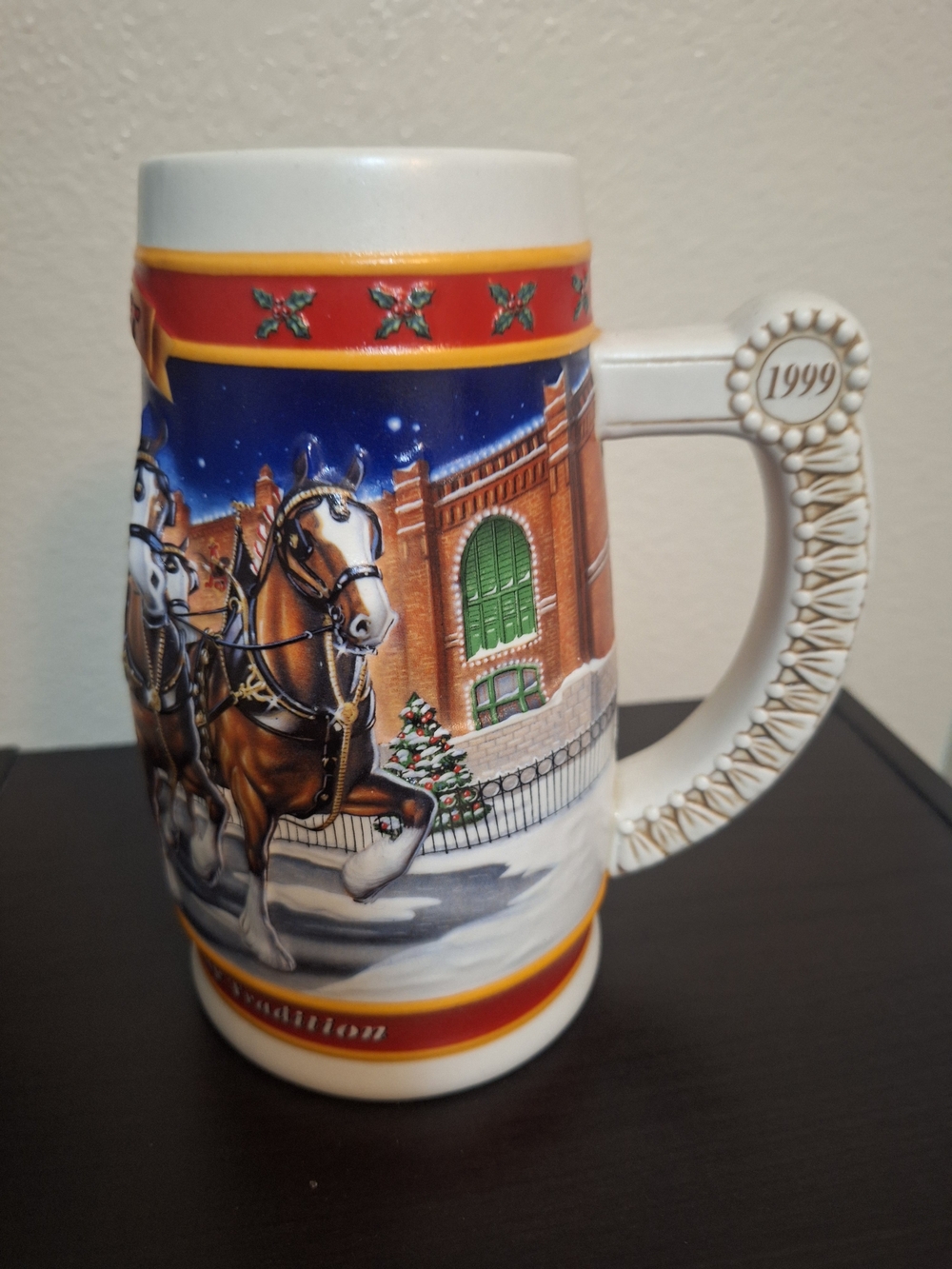 1999 Budweiser Holiday Ceramic Beer Stein Mug with Horse Team
